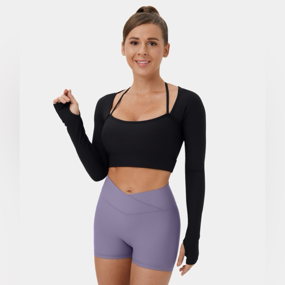 Halara Black Long Sleeve Crop Top Bra - Picture 3 of 11